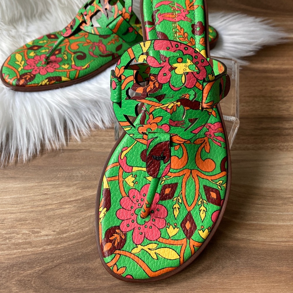 Tory Burch Miller Welt Thong Sandal Printed Tumbled Leather Green Splash